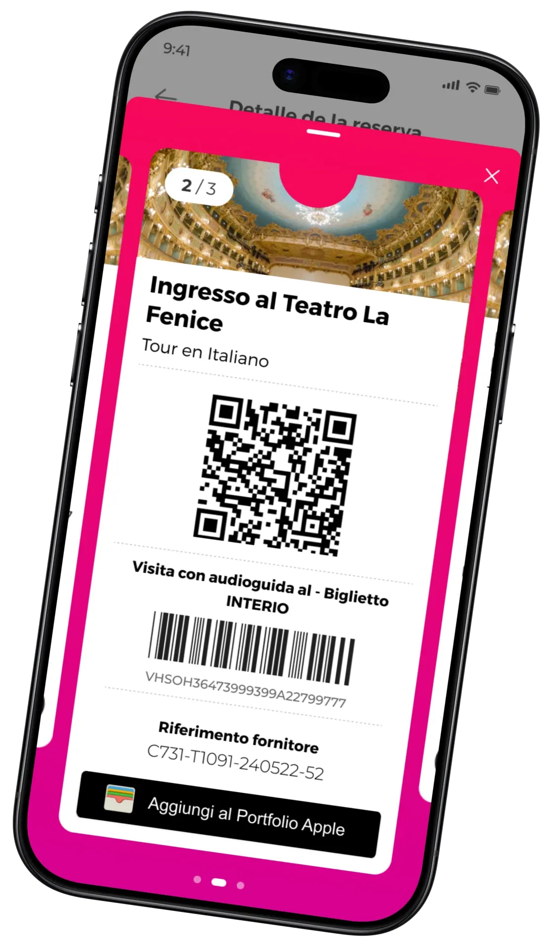 Schermata dell'app Civitatis con il voucher digitale e il codice QR del biglietto per il Teatro La Fenice di Venezia per una visita guidata in spagnolo.