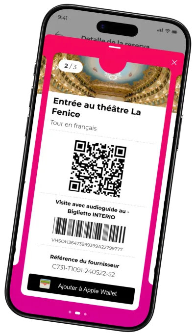 Capture d'écran de l'application Civitatis avec le bon de rérvation numérique et le QR code pour entrer au Teatro La Fenice à Venise pour une visite guidée en français.