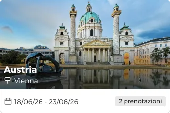 Cronologia di viaggi nell'app con date di destinazioni passate e future, in cui si mostra un programma giornaliero dettagliato delle attività.