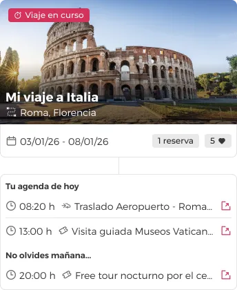 Historial de viajes en la app con fechas de destinos pasados y futuros, mostrando una agenda diaria detallada de actividades.