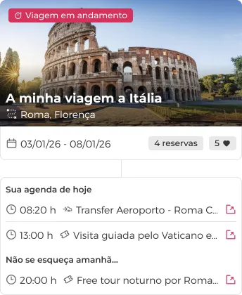 Histórico de viagens na aplicação, com datas de destinos passados ​​e futuros, que mostra uma agenda diária detalhada de atividades.