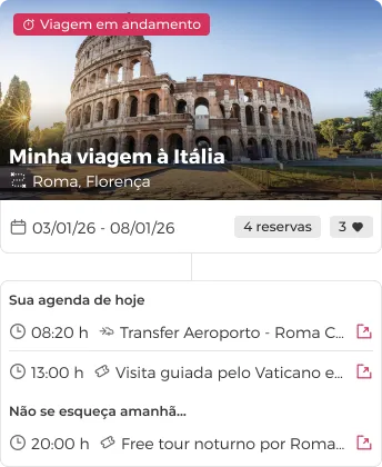 Histórico de viagens no aplicativo com datas de destinos passados e futuros, mostrando uma agenda diária detalhada de atividades.