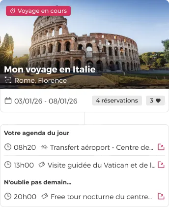 L'application affiche l'historique des voyages avec les dates des destinations passées et futures, ainsi qu'un programme quotidien détaillé des activités.