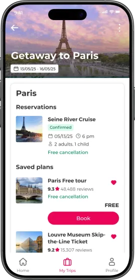 Civitatis mobile app interface showing a Paris travel itinerary with a confirmed booking and saved plans.