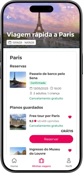 Interface do aplicativo móvel da Civitatis mostrando um itinerário de viagem a Paris com uma reserva confirmada e planos salvos.