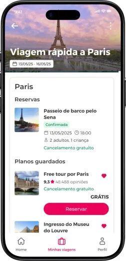 Interface da aplicação móvel da Civitatis que mostra um itinerário de viagem a Paris com reserva confirmada e planos guardados.