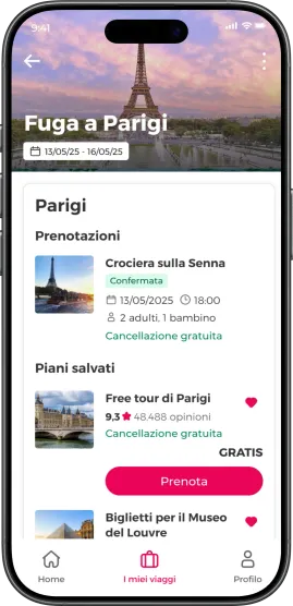 Interfaccia dell'app di Civitatis che mostra un itinerario di viaggio a Parigi con una prenotazione confermata ed esperienze salvate.