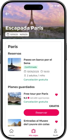 Interfaz de la aplicación móvil de Civitatis mostrando un itinerario de viaje a París con una reserva confirmada y planes guardados. 