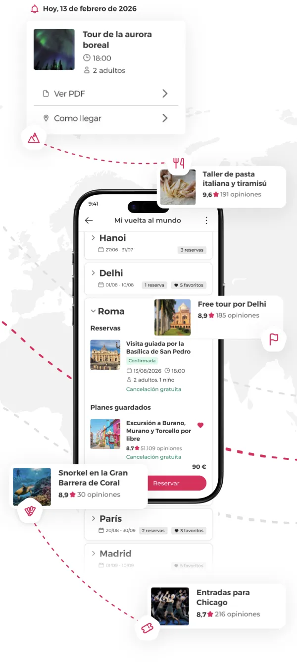 Captura de la app mostrando un itinerario de viaje con reservas de alojamiento y planes organizados por destino.