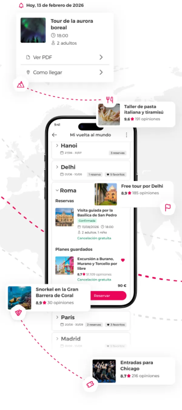 Captura de la app mostrando un itinerario de viaje con reservas de alojamiento y planes organizados por destino.