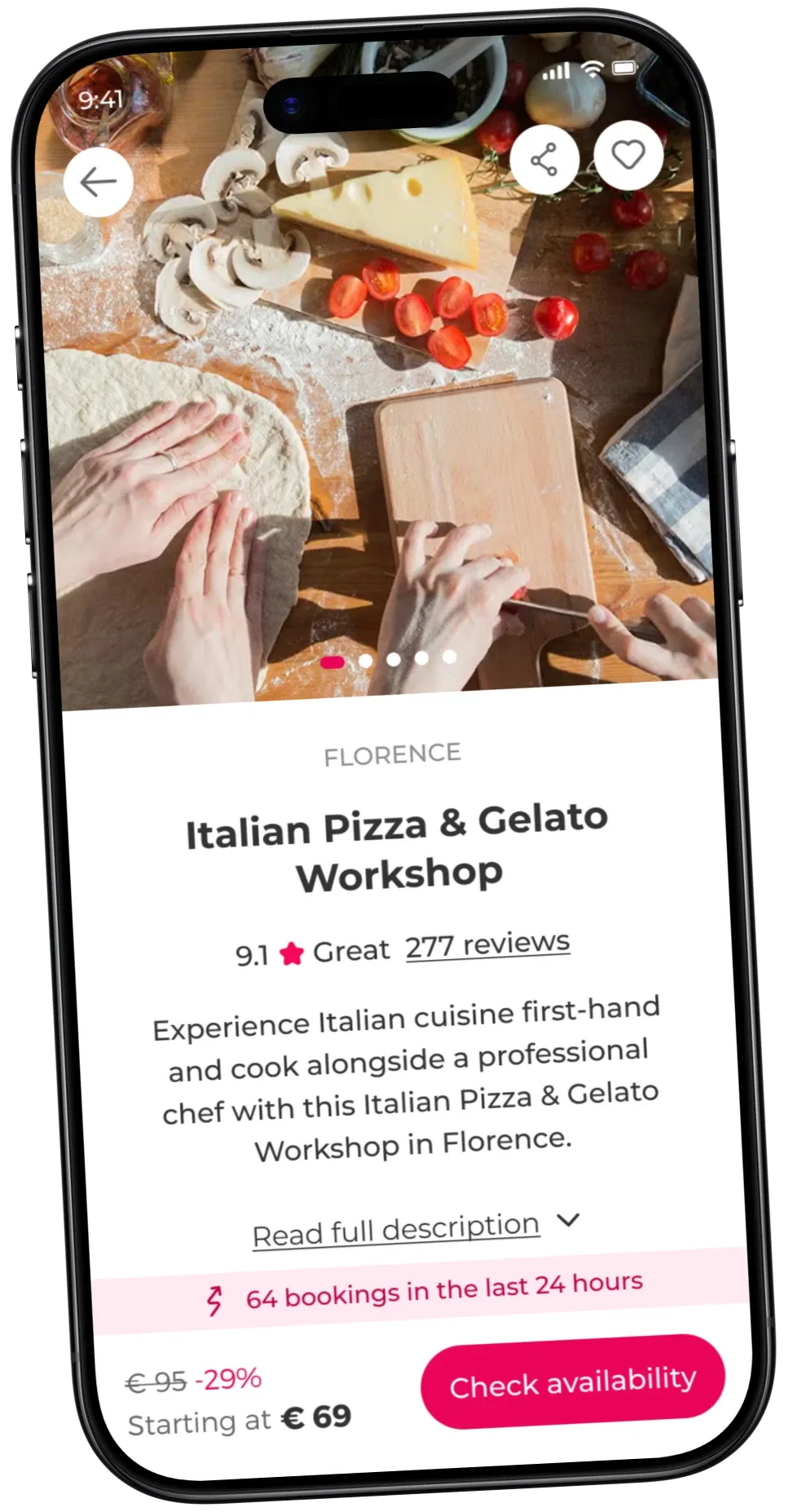 Civitatis mobile app interface showing Italian pizza and ice cream workshop in Florence with customer ratings and discounted price.