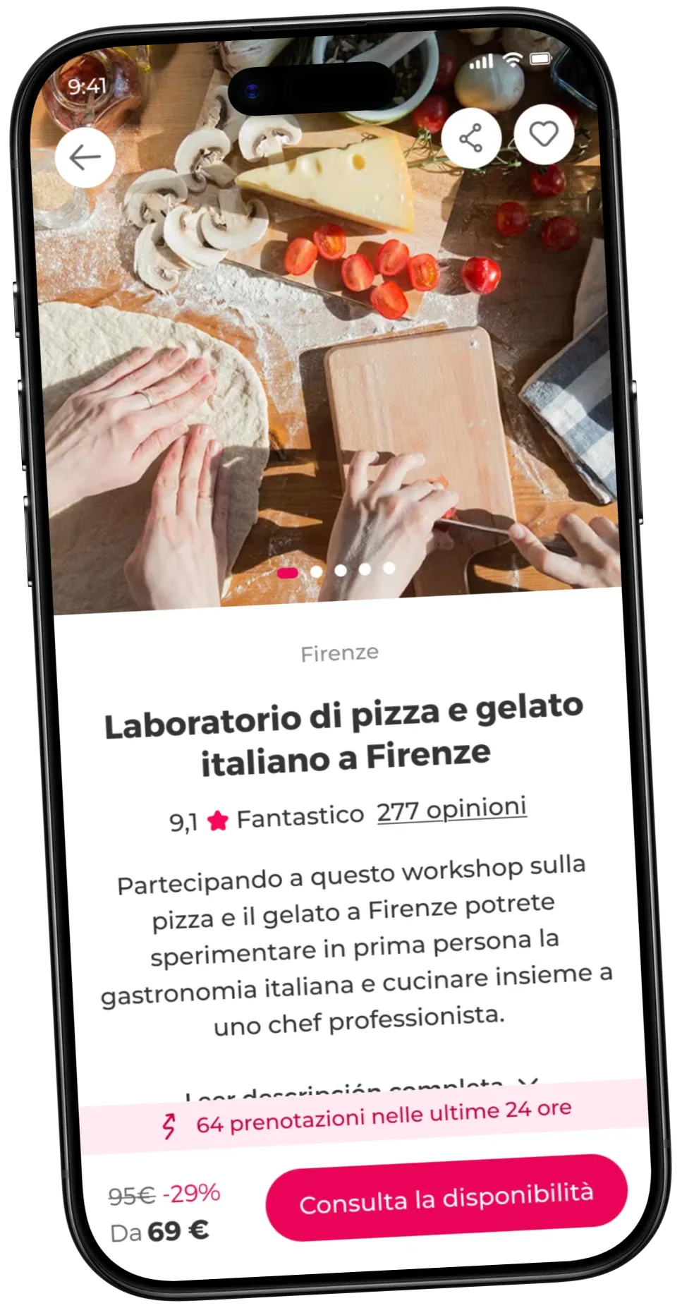 Interfaccia dell'app di Civitatis che mostra il laboratorio di pizza e gelato italiano a Firenze con recensioni dei clienti e prezzi scontati.