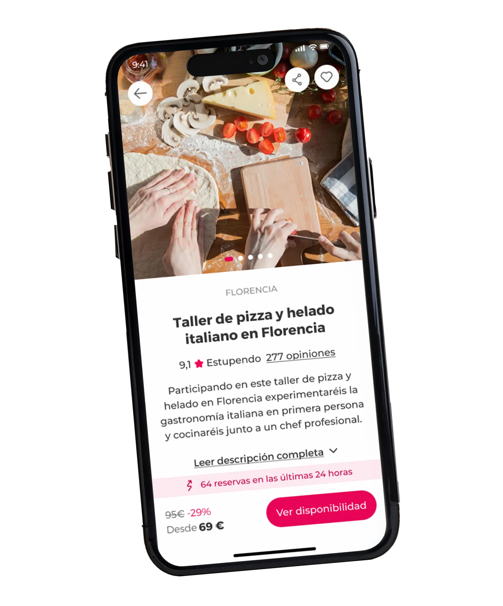 Interfaz de la aplicación móvil de Civitatis mostrando el taller de pizza y helado italiano en Florencia con valoraciones de clientes y precio con descuento.