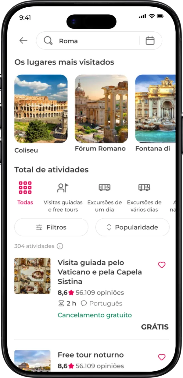 Ecrã de destino na aplicação que mostra recomendações de atividades turísticas, visitas imperdíveis e experiências locais.