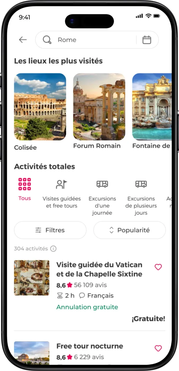Capture d'écran d'une destination dans l'application affichant des recommandations d'activités touristiques, de sites incontournables et d'expériences locales.