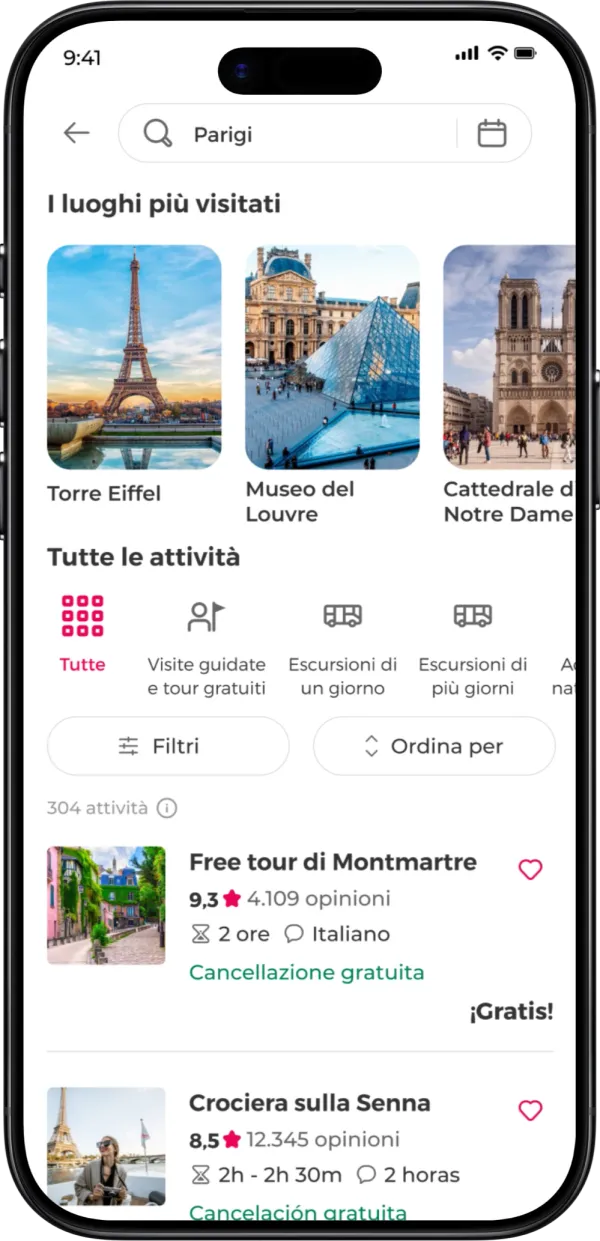Schermata di destinazione nell'app che mostra consigli su attività turistiche, visite imperdibili ed esperienze locali.