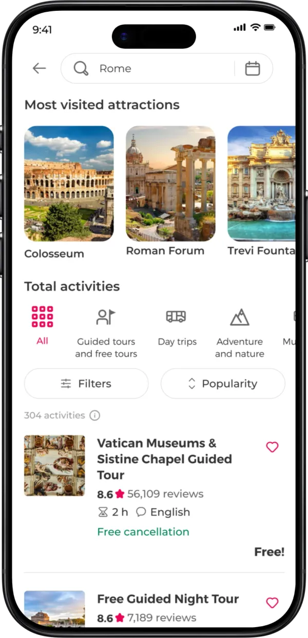 App destination screen showing recommended tours, must-see sights, and local experiences.