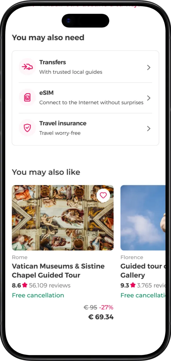 The app interface offering complementary travel services such as insurance, airport transfers, and eSIM cards.