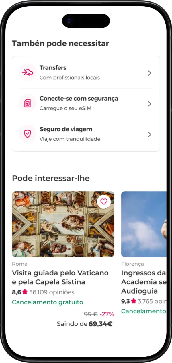 Interface da aplicação que oferece serviços complementares da viagem, como seguros, transfers ao aeroporto e cartões eSIM.