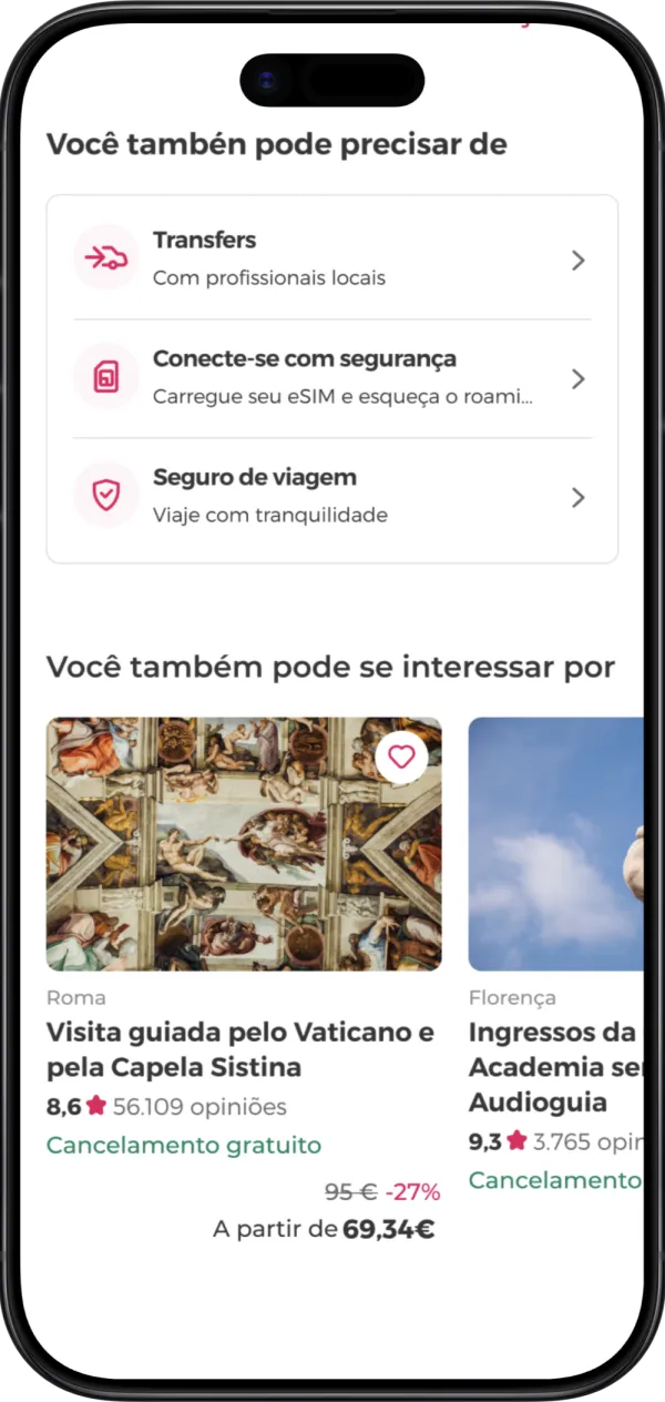 Interface do aplicativo oferecendo serviços complementares de viagem, como seguros, transfers para o aeroporto e chips eSIM.