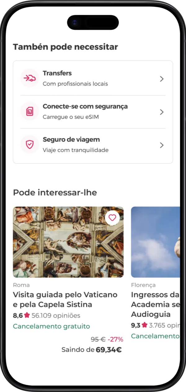 Interface da aplicação que oferece serviços complementares da viagem, como seguros, transfers ao aeroporto e cartões eSIM.