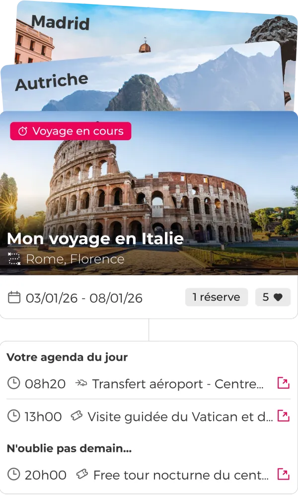 L'application affiche l'historique des voyages avec les dates des destinations passées et futures, ainsi qu'un programme quotidien détaillé des activités.