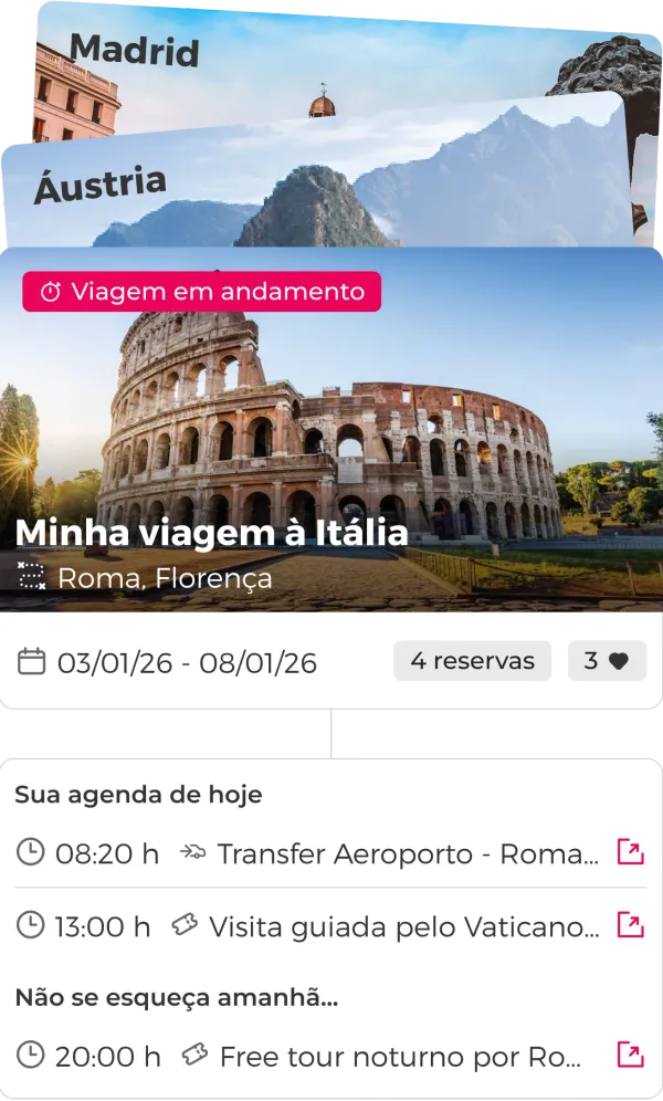 Histórico de viagens no aplicativo com datas de destinos passados e futuros, mostrando uma agenda diária detalhada de atividades.