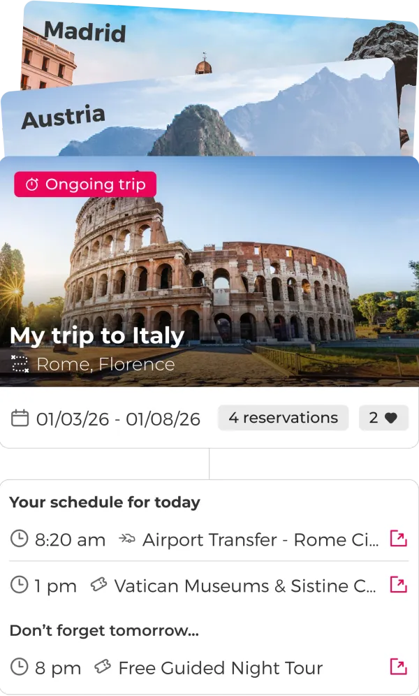 Travel history in the app with dates for past and future destinations, showing a detailed daily schedule of activities.