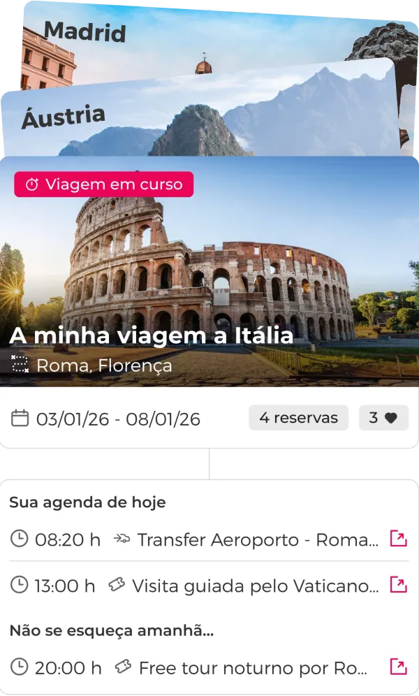 Histórico de viagens na aplicação, com datas de destinos passados ​​e futuros, que mostra uma agenda diária detalhada de atividades.