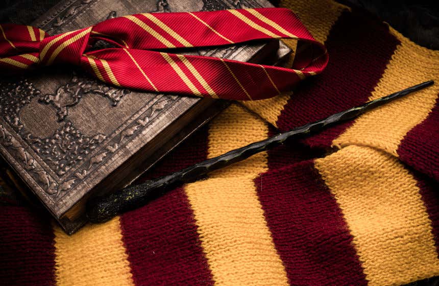 A magic wand, an embossed book, and a red and yellow Gryffindor tie and scarf.