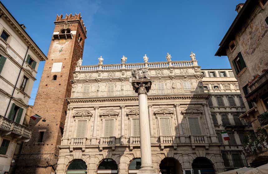 The Palazzo Maffei and the Gardello tower, two historical monuments in the piazza delle Erbe.