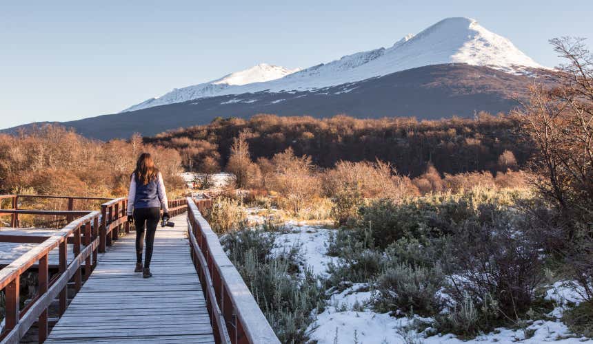 Mulher caminhando em uma trilha do Parque Nacional Terra do Fogo com montanha coberta de neve ao fundo