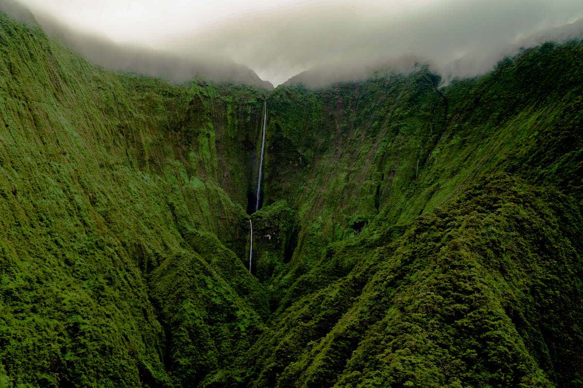 Paisaje verde de las montañas de Hawaii con la catarata al fondo