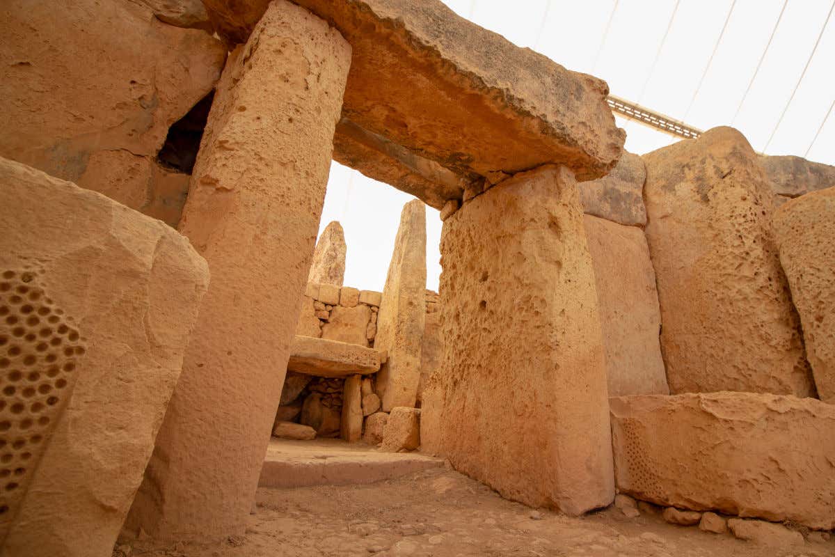 Ruins of the stone temple Ħagar Qim on the island of Malta