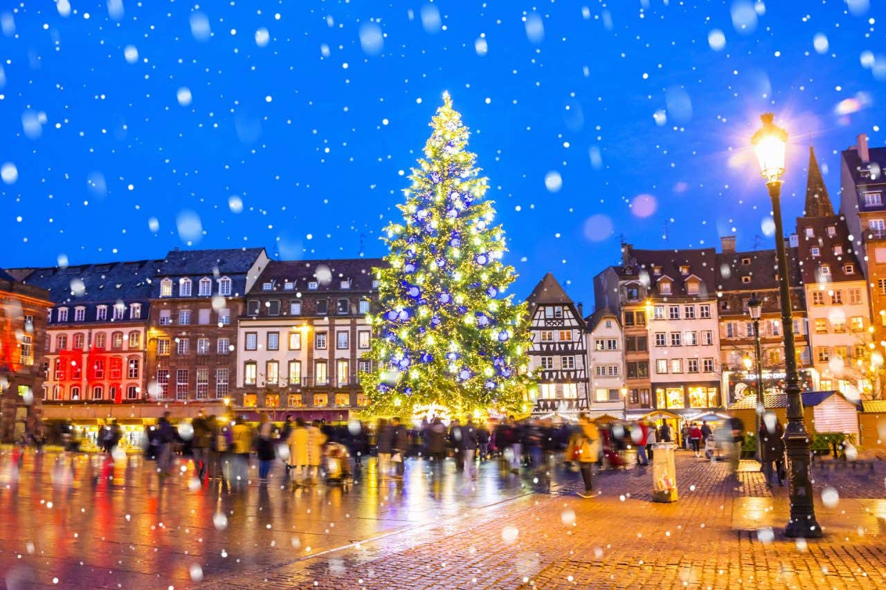 Le sapin illuminé au marché de Noël de Strasbourg