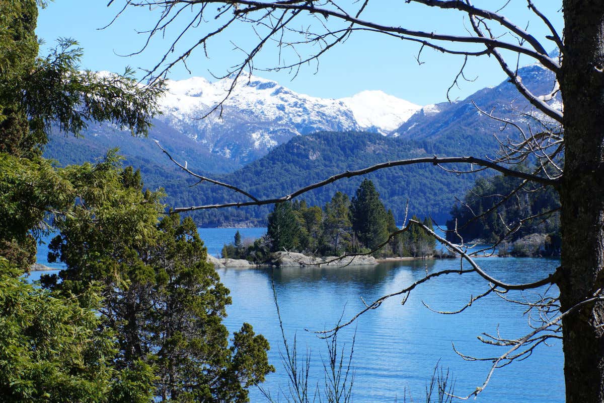 Vista do lago Nahuel Huapi entre vegetação frondosa e montanhas nevadas