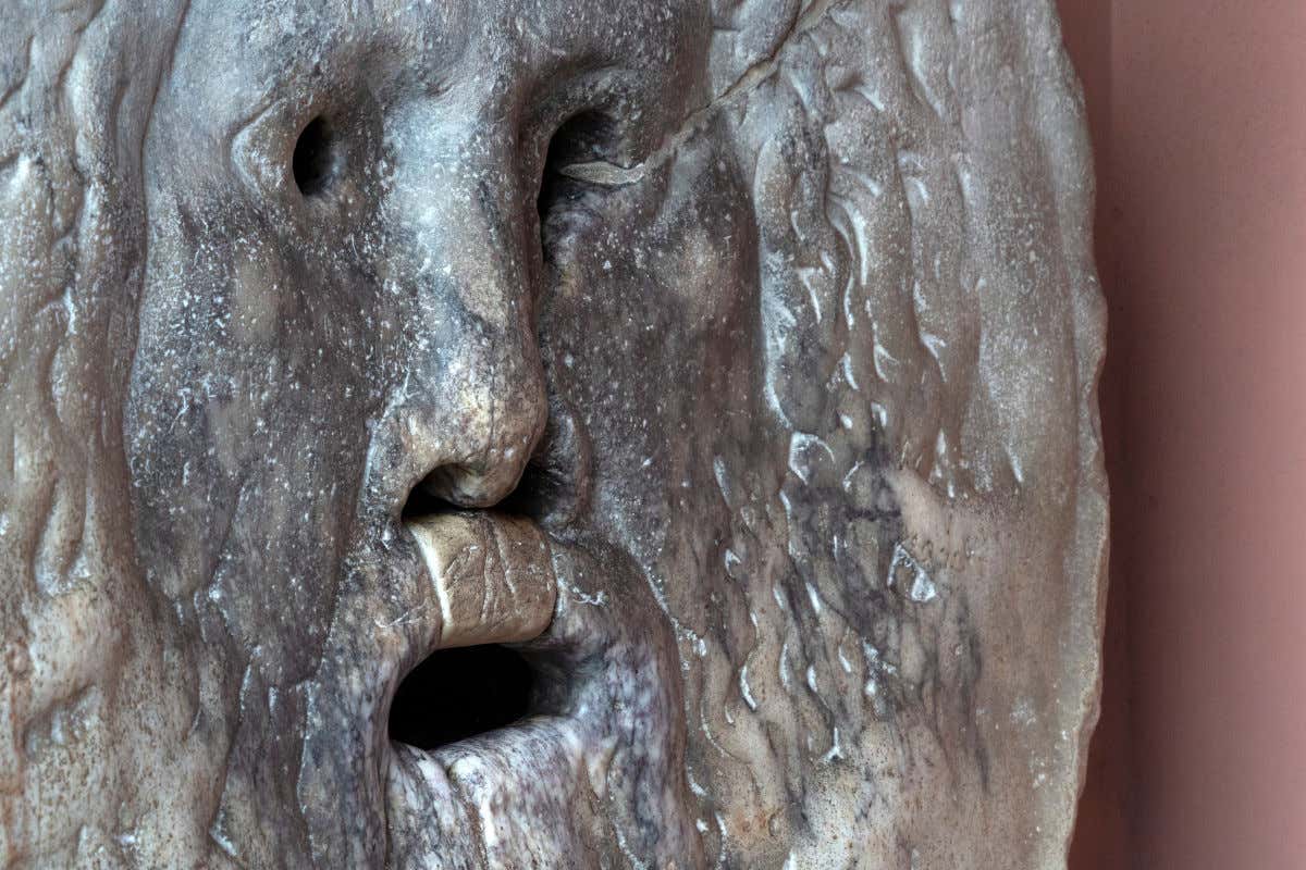 Close-up of the Mouth of Truth, a famous marble disk that, according to legend, detects lies.