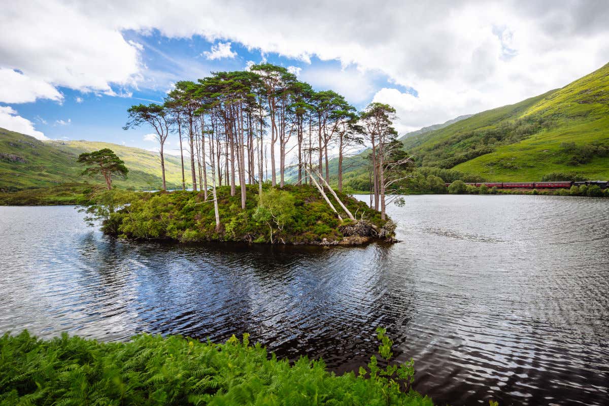 O lago Loch Eilt da Escócia e sua pequena ilha, Eilean na Moine, repleta de árvores