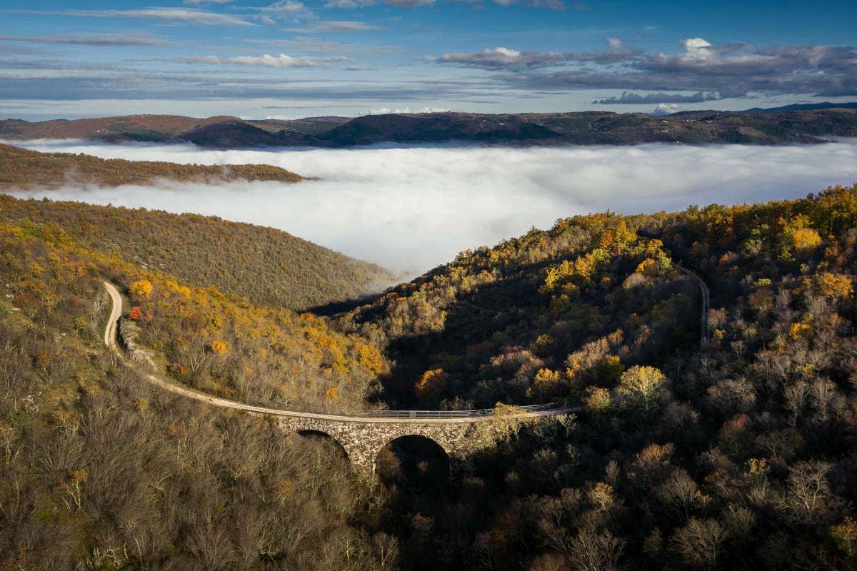 Vista aérea de un puente que forma parte de la Ruta Parenzana