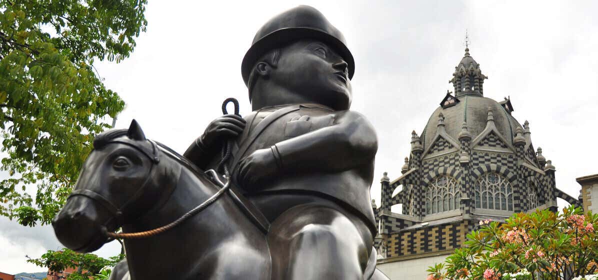 Sculptures in the Plaza Botero in Medellín in front of the Rafael Uribe Uribe Palace of Culture.