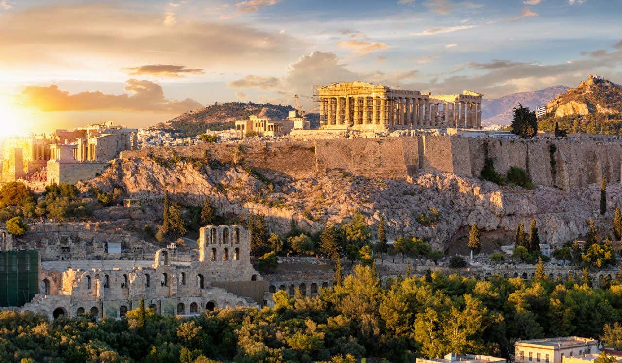 Views of the Acropolis of Athens at sunset.