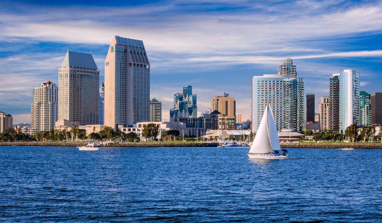 The San Diego skyline seen from the sea.