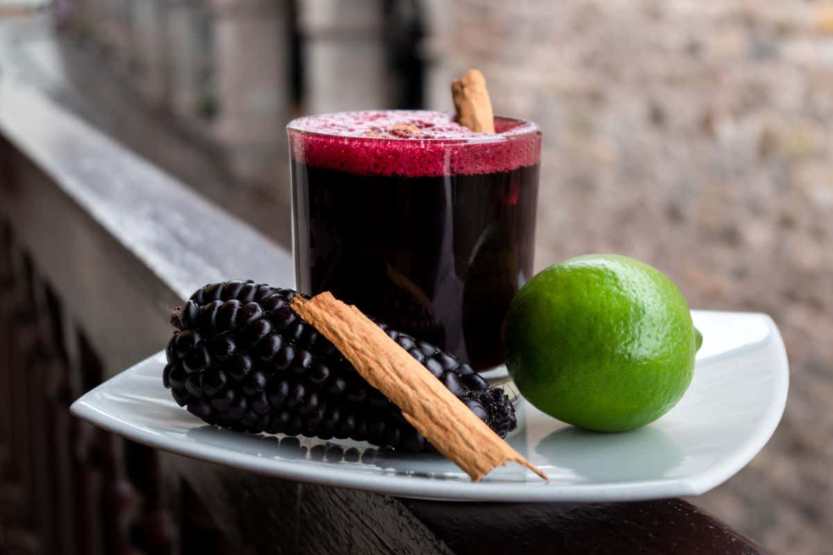 Chicha morada, one of the typical drinks served with fruits