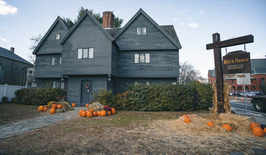 Witch house in Salem, decorated with pumpkins