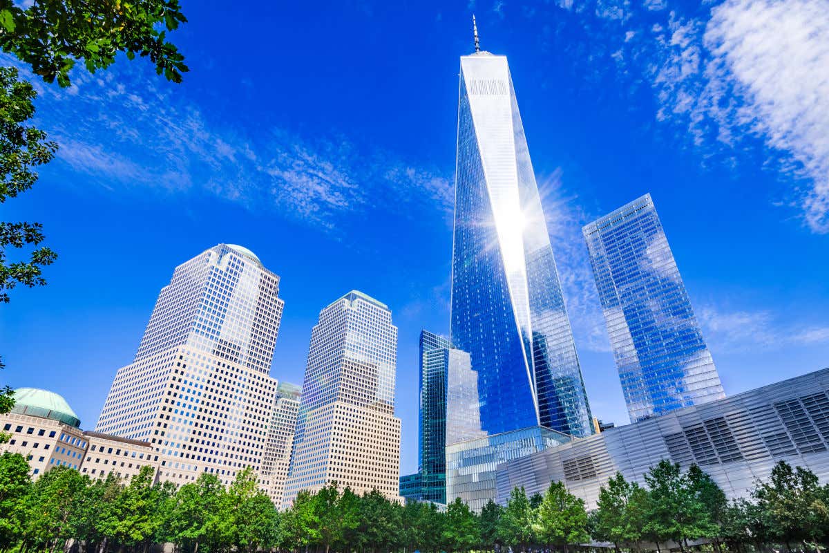 Panoramic view of several skyscrapers near Ground Zero in New York, including One World Trade Center