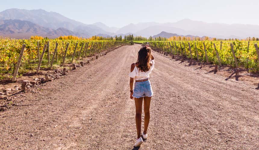 Mulher contemplando os vinhedos de Andeluna com os Andes argentinos ao fundo