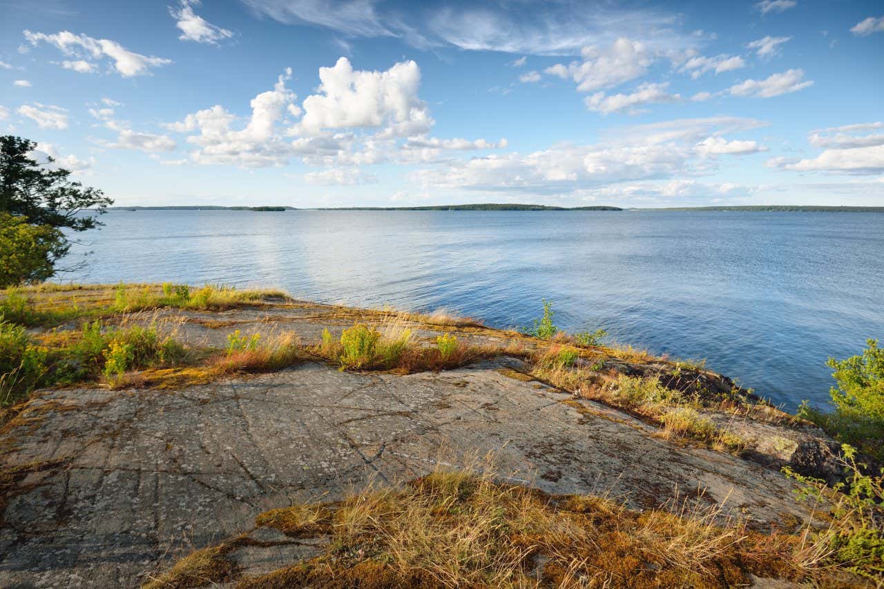 Vista aérea panorámica de la orilla del lago Mälar, en Suecia