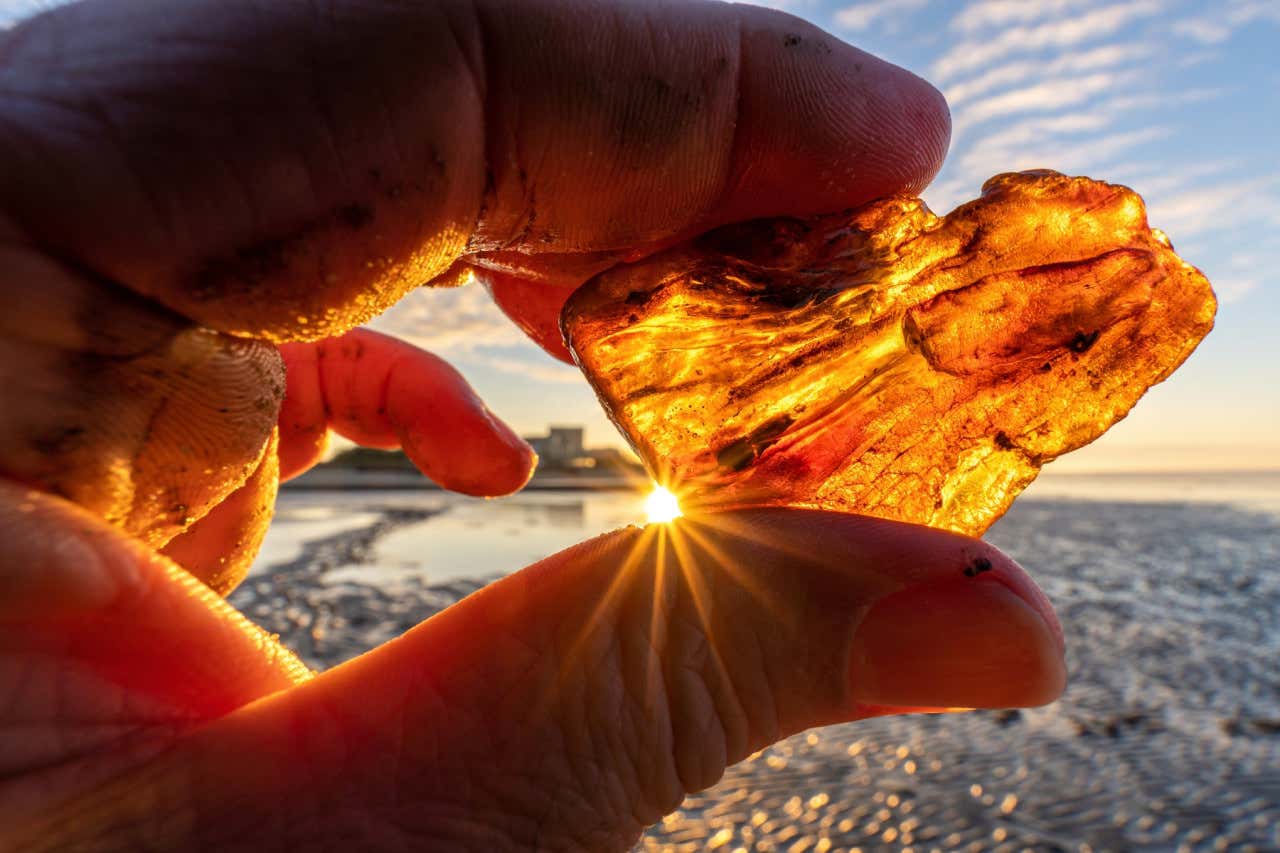 Mano de una persona sujetando una pieza ámbar con el mar y el sol de fondo