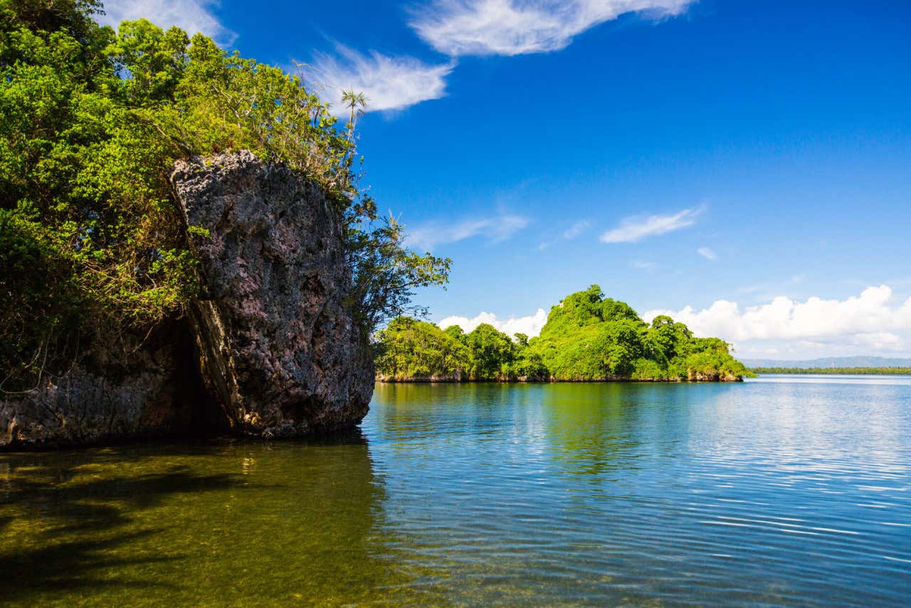 Formaciones flotantes calizas repletas de vegetación en el Parque Nacional Los Haitises