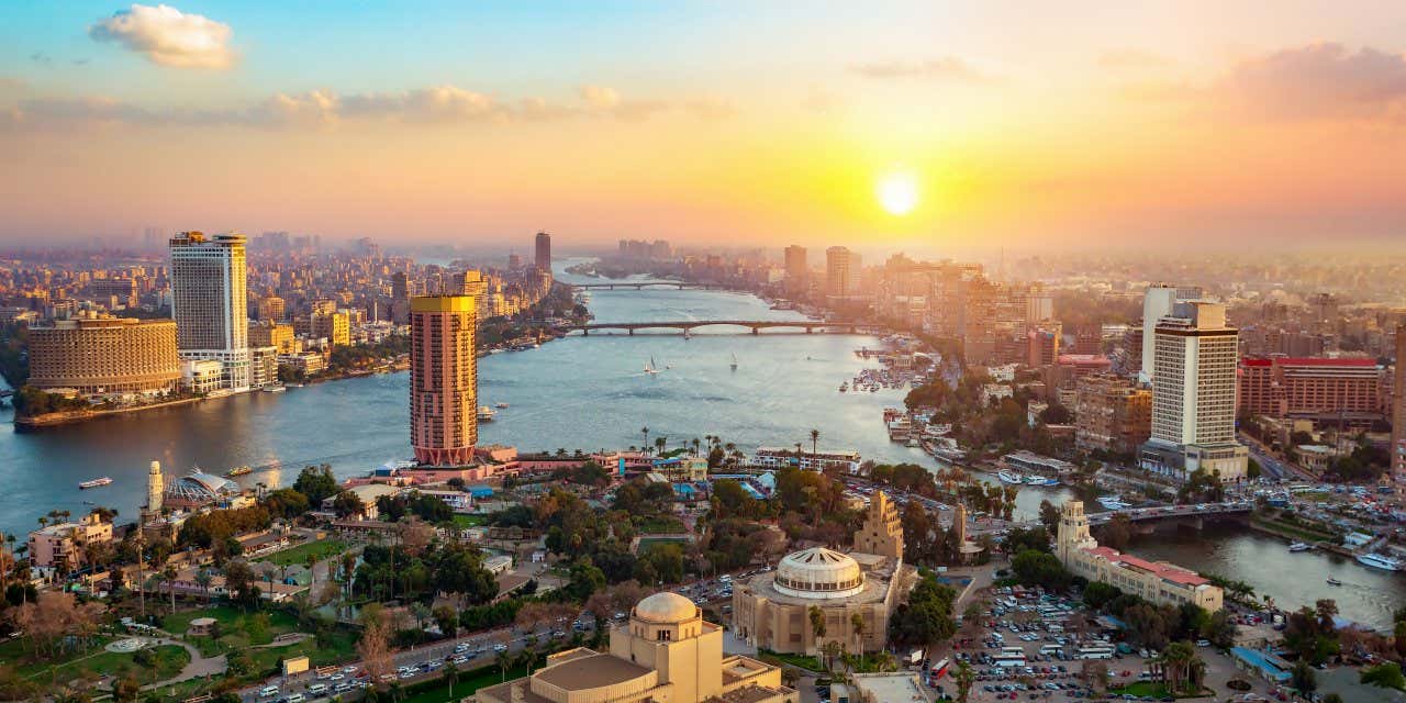 An aerial view of Cairo with the River Nile flowing through it.